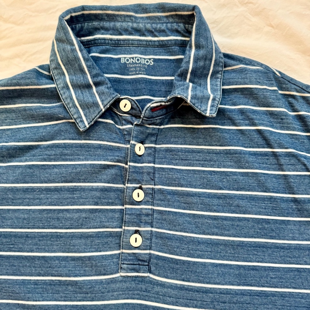 Classic Fit Bonobos Men’s Medium navy polo with white stripes 100% cotton